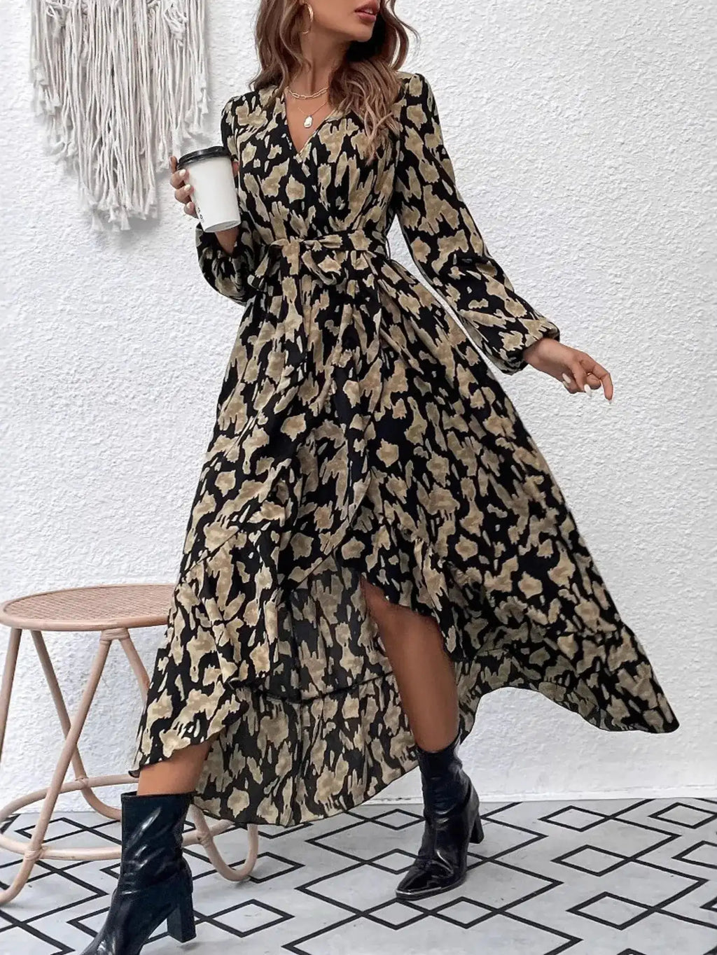 Leopard Surplice Balloon Sleeve Dress.