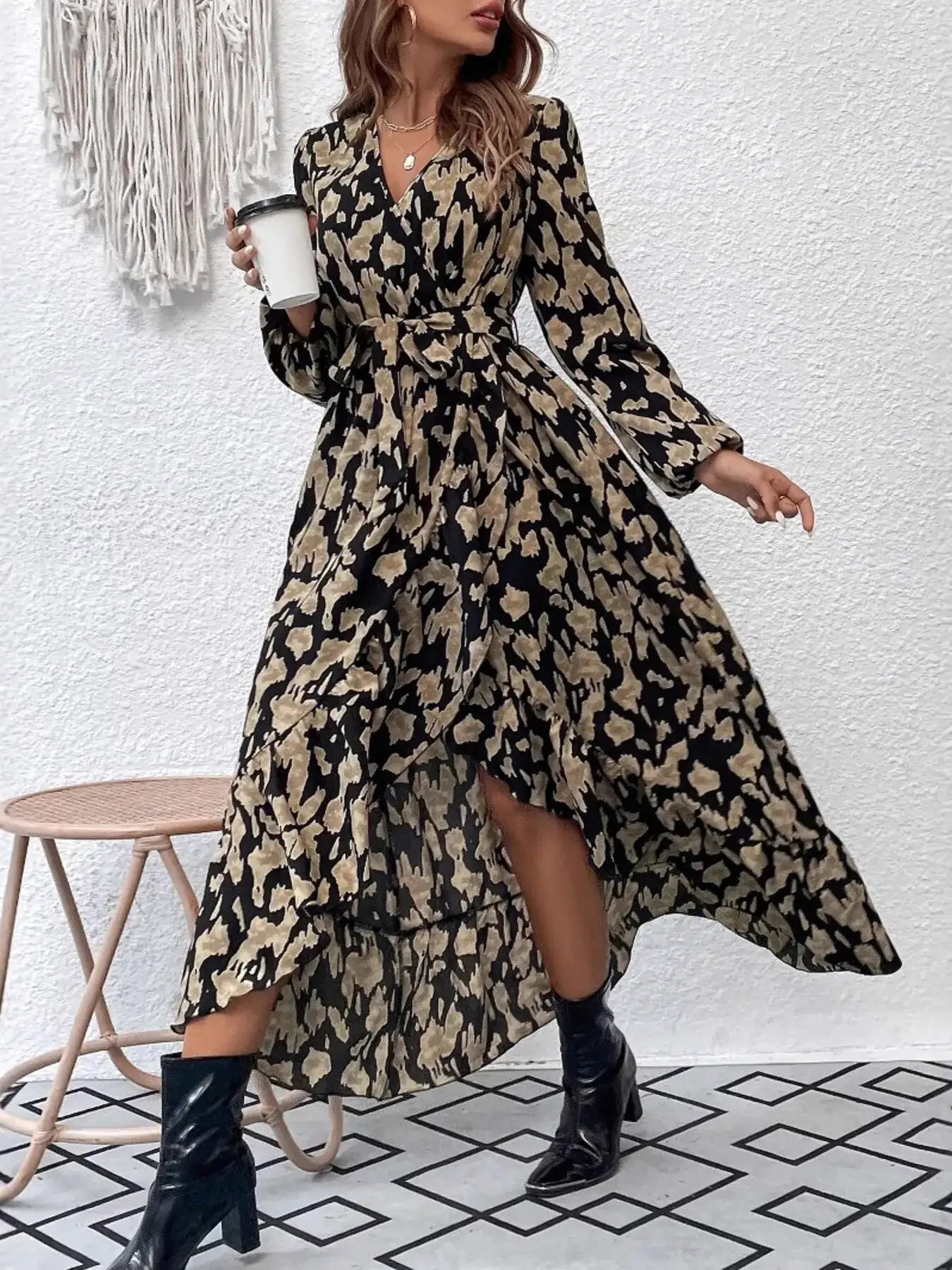 Leopard Surplice Balloon Sleeve Dress.