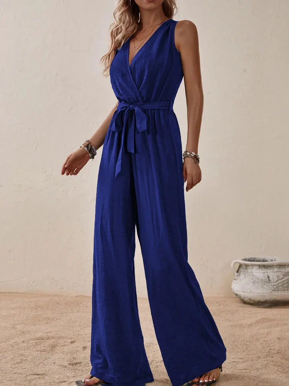 Honey Tied Surplice Sleeveless Wide Leg Jumpsuit.