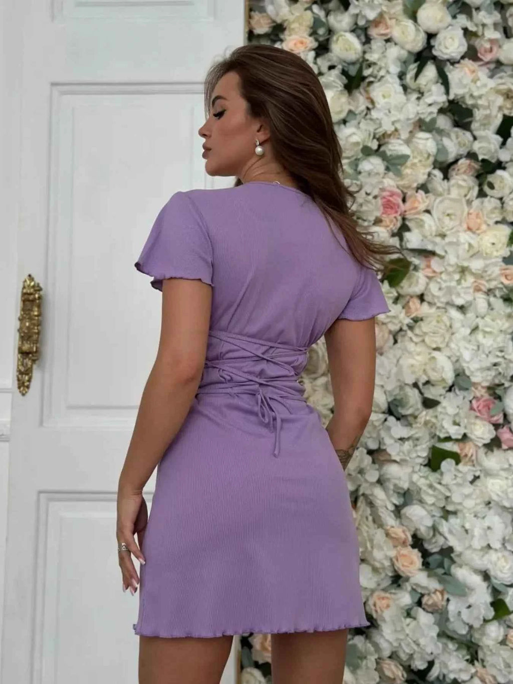 Ribbed Back Lace Up Short Sleeve Mini Dress