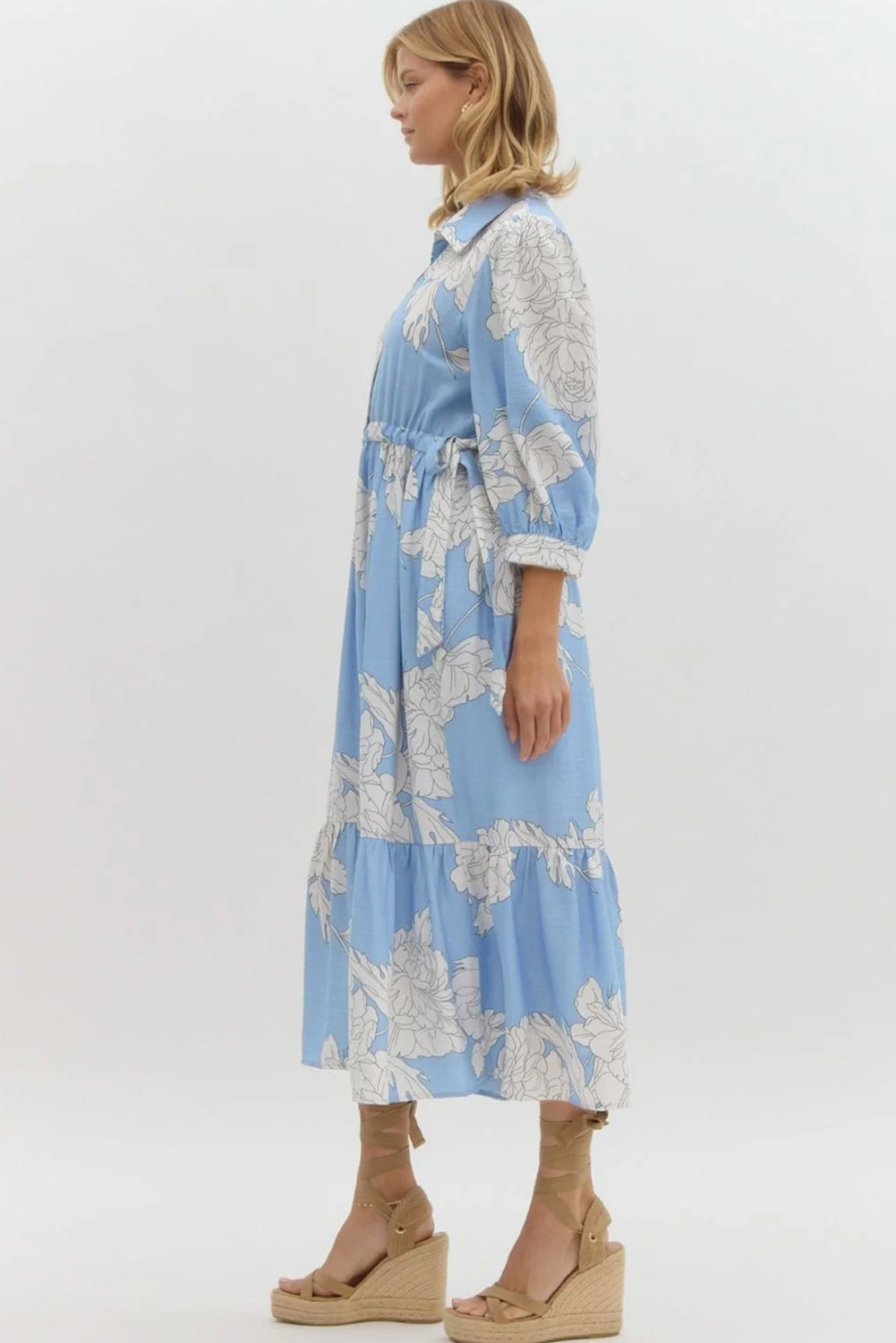 Sky Blue Floral Print Shirt Collar Button Down 3/4 Sleeve Ruffle Hem Long Dress Dear-Lover Dropshipping