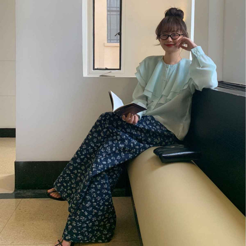 Retro wide leg high waist floral jeans for women