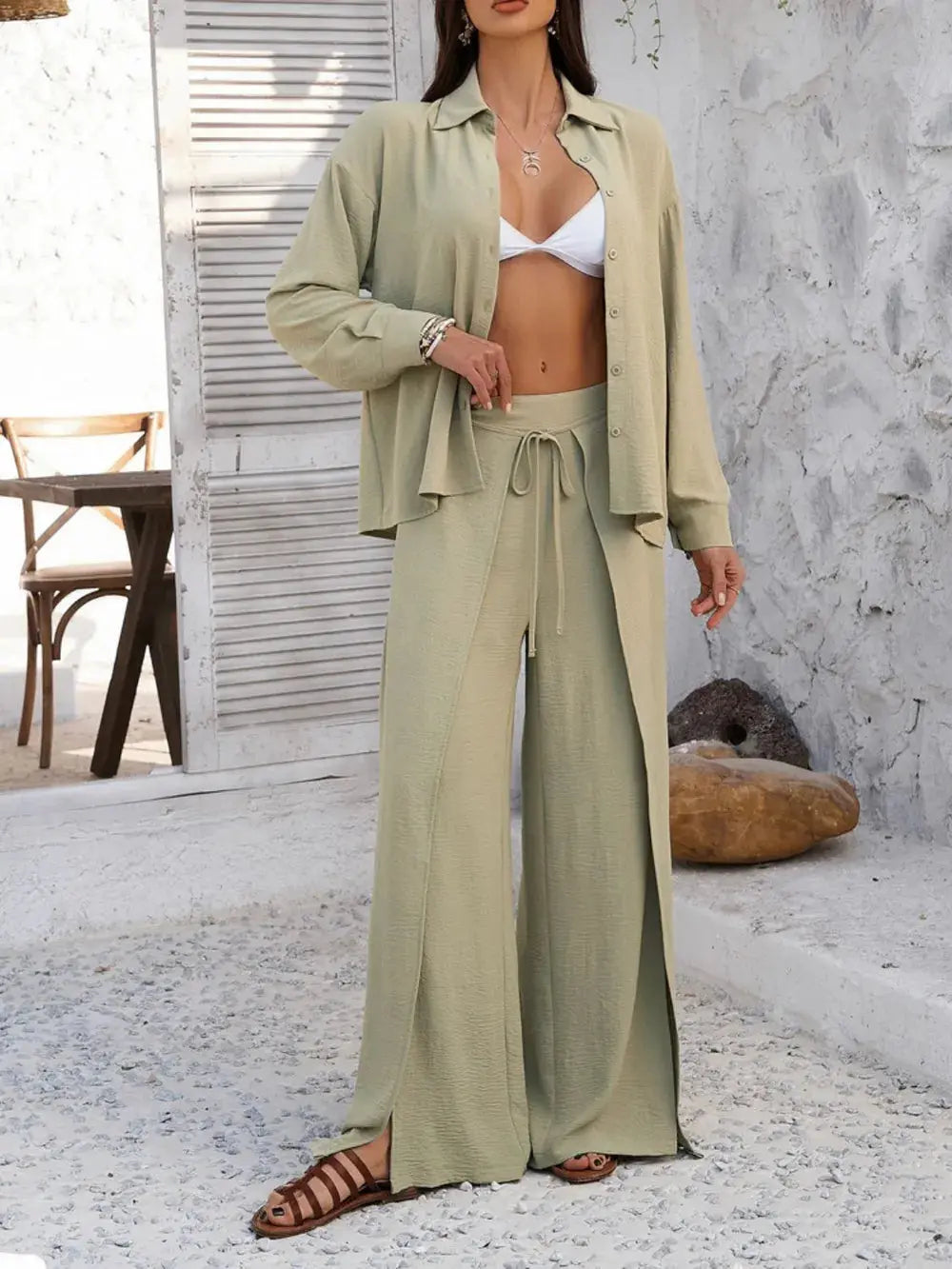 Long Sleeve Top and Wide Leg Pants Set WOMEN.