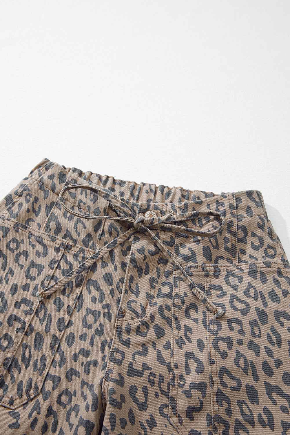 Khaki Leopard Printed Drawstring Elastic Waistband Pocketed Wide Leg Jeans