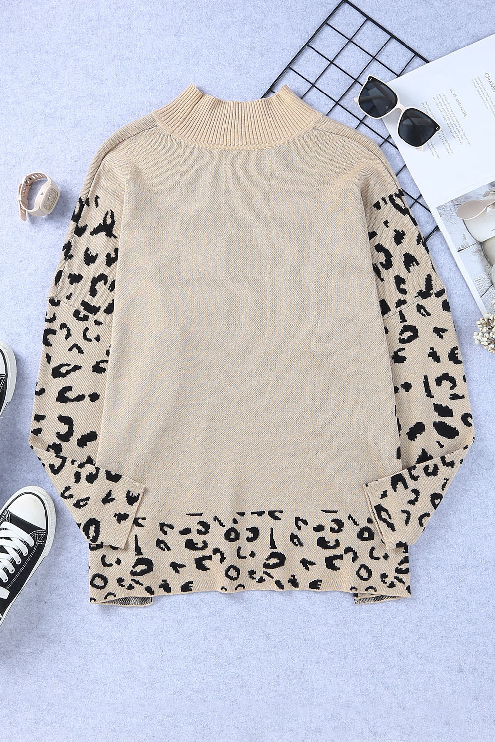 Khaki Leopard High Neck Side Slit Oversized Sweater Dear-Lover Dropshipping