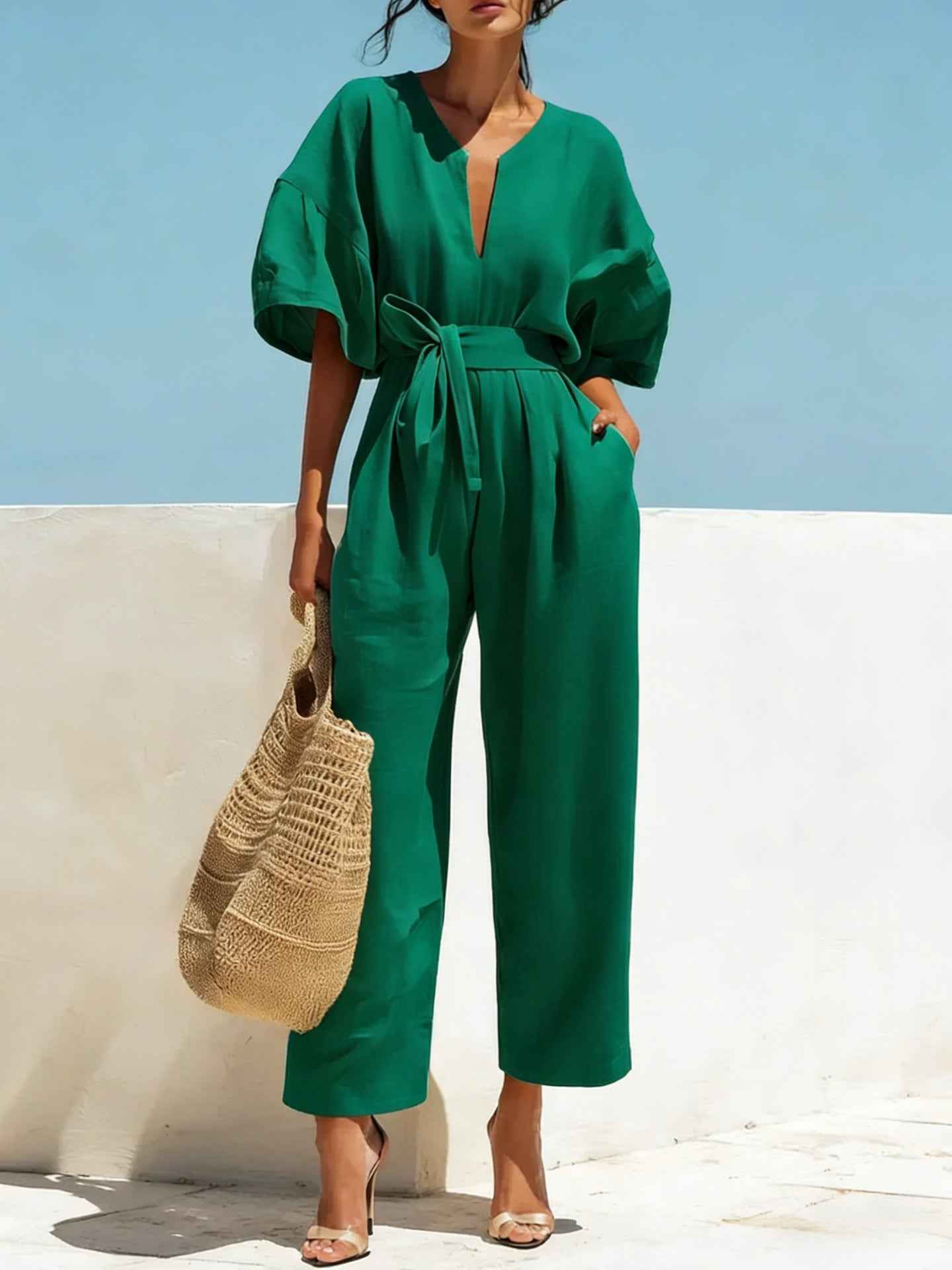 Fashionable V-Neck Solid Color Cotton-Linen Jumpsuit For Women