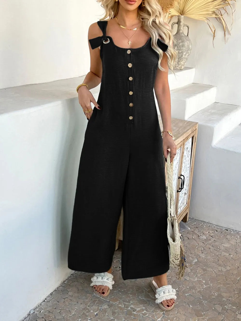 Devine Button Front Knotted Strap Wide Leg Jumpsuit.