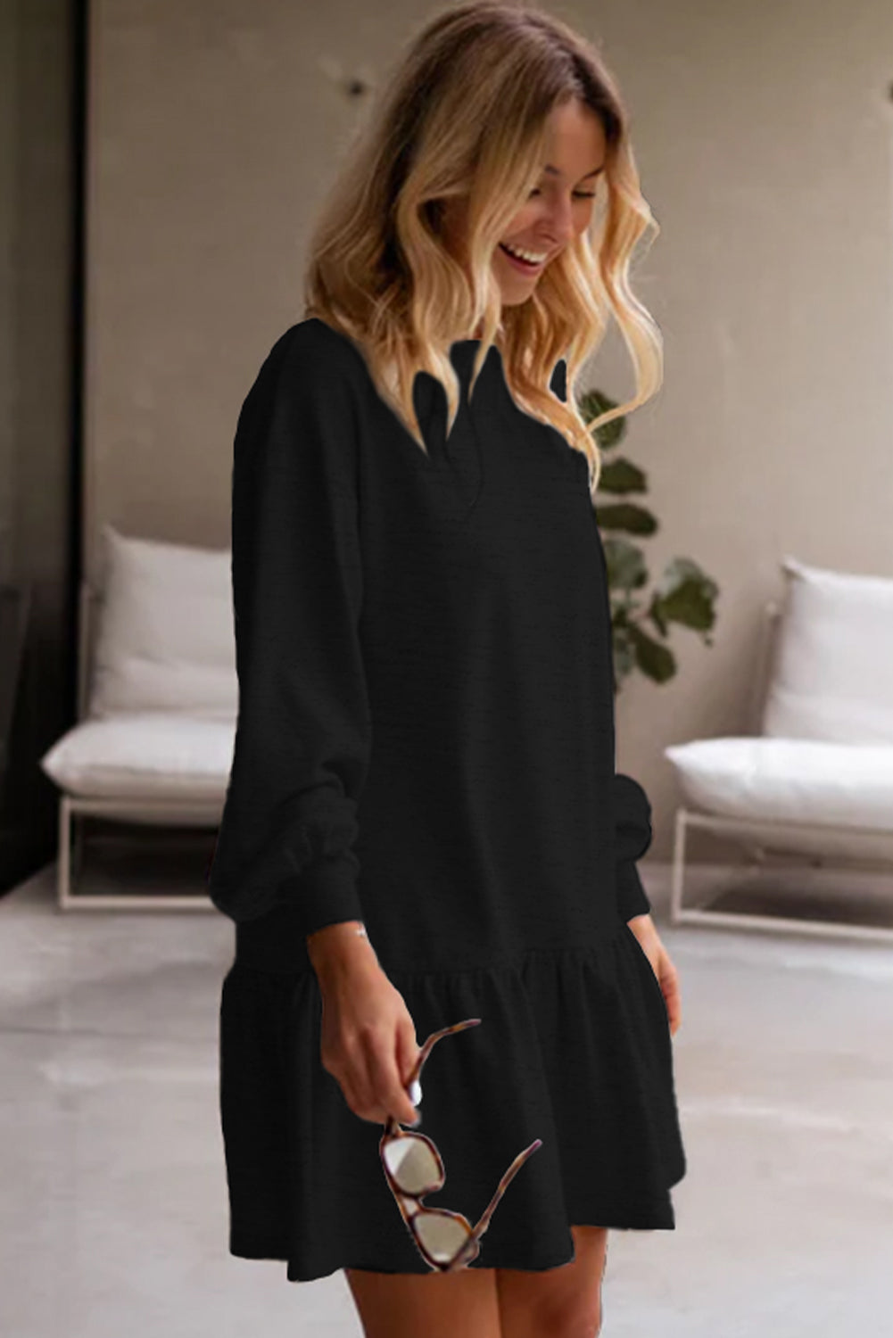Black Solid Color Puff Sleeve Ruffle Hem Mini Dress Dear-Lover Dropshipping