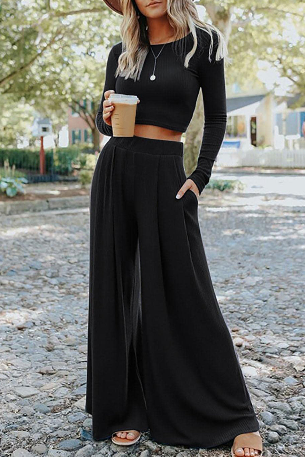 Black Solid Color Ribbed Crop Top Long Pants Set Dear-Lover Dropshipping
