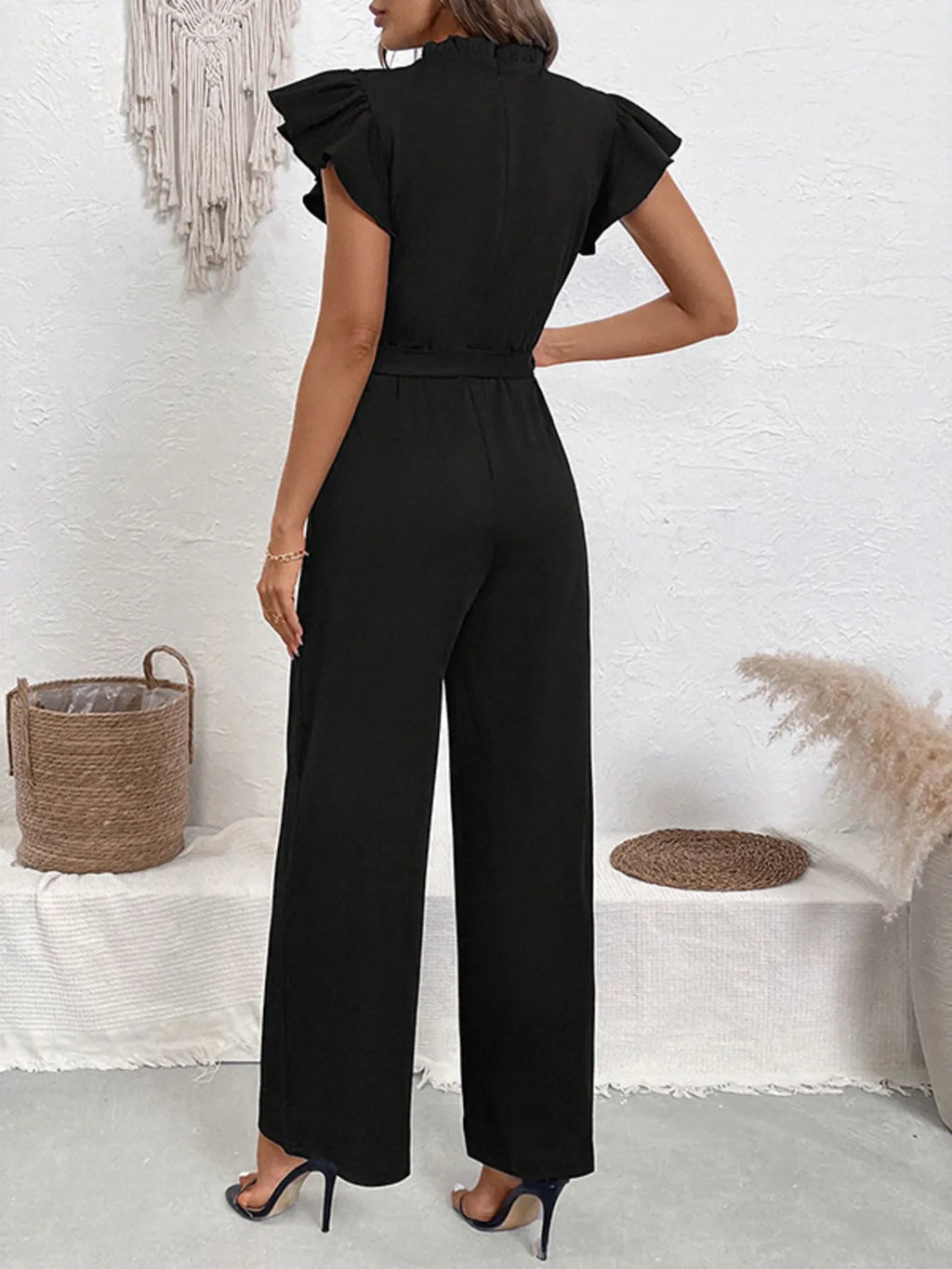 Pearl Detail Ruffled Cap Sleeve Jumpsuit.