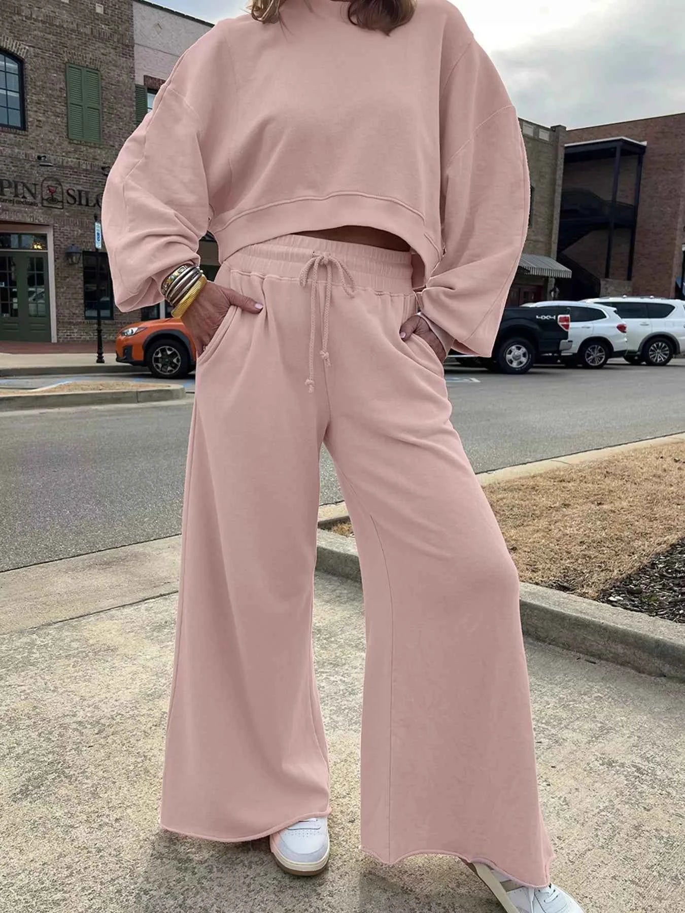 Drop Shoulder Puff Sleeve Crop Top and Drawstring Wide Leg Pants Set