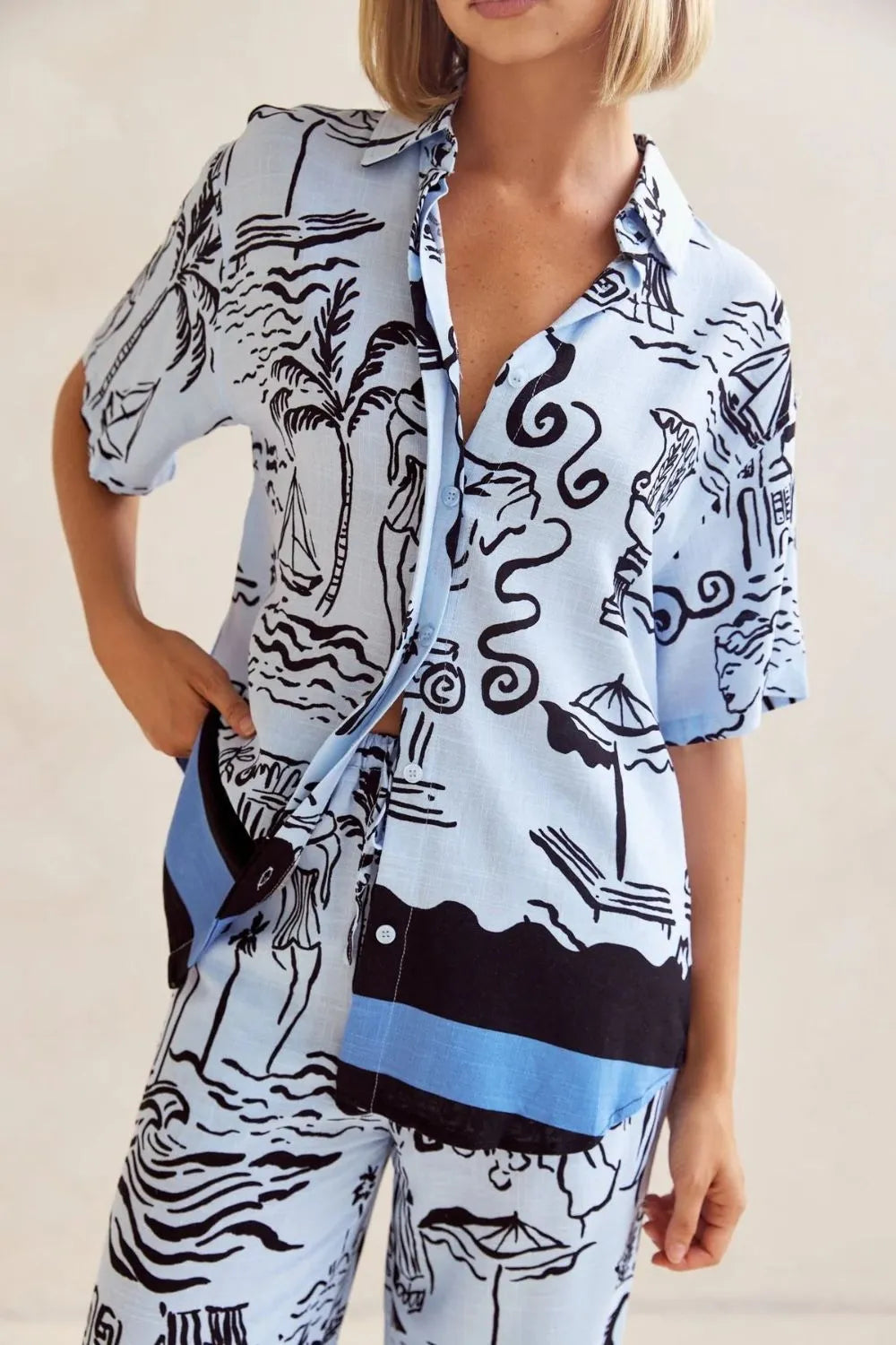 Printed Button Up Shirt and Pants Set Plus Size - CHIC TB