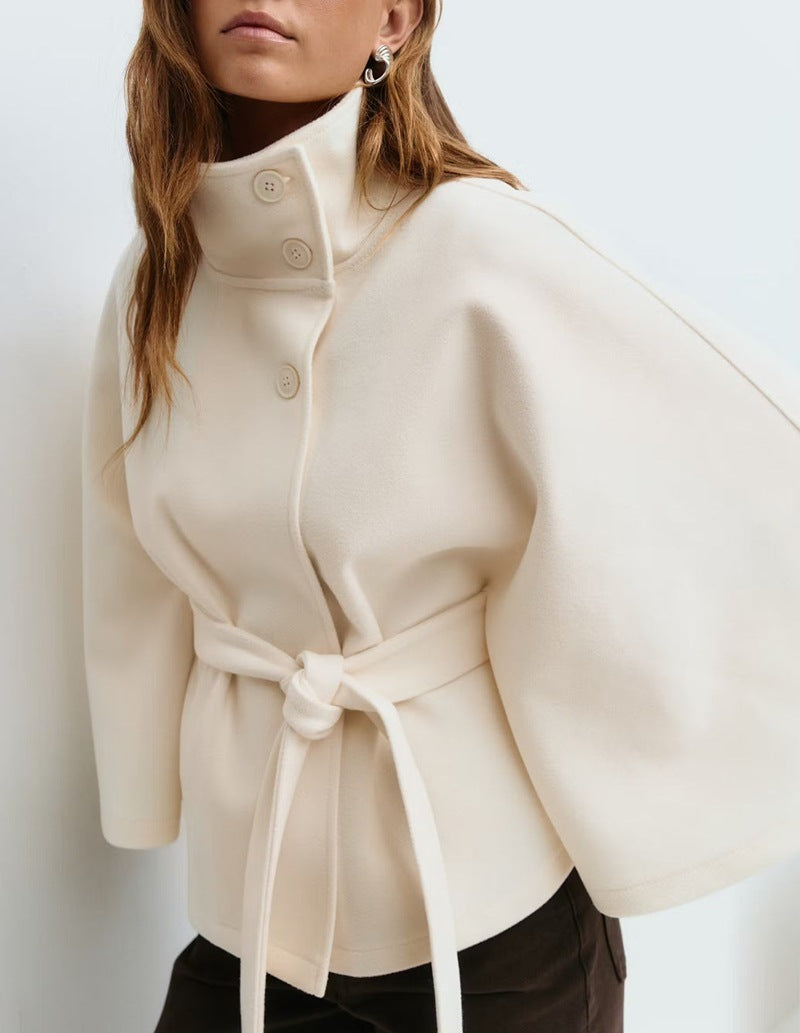 Winter High Neck Batwing Sleeve Coat With Belt Fashion Loose Elegant Button Top Trench Coat For Women Clothing CJ Dropshipping