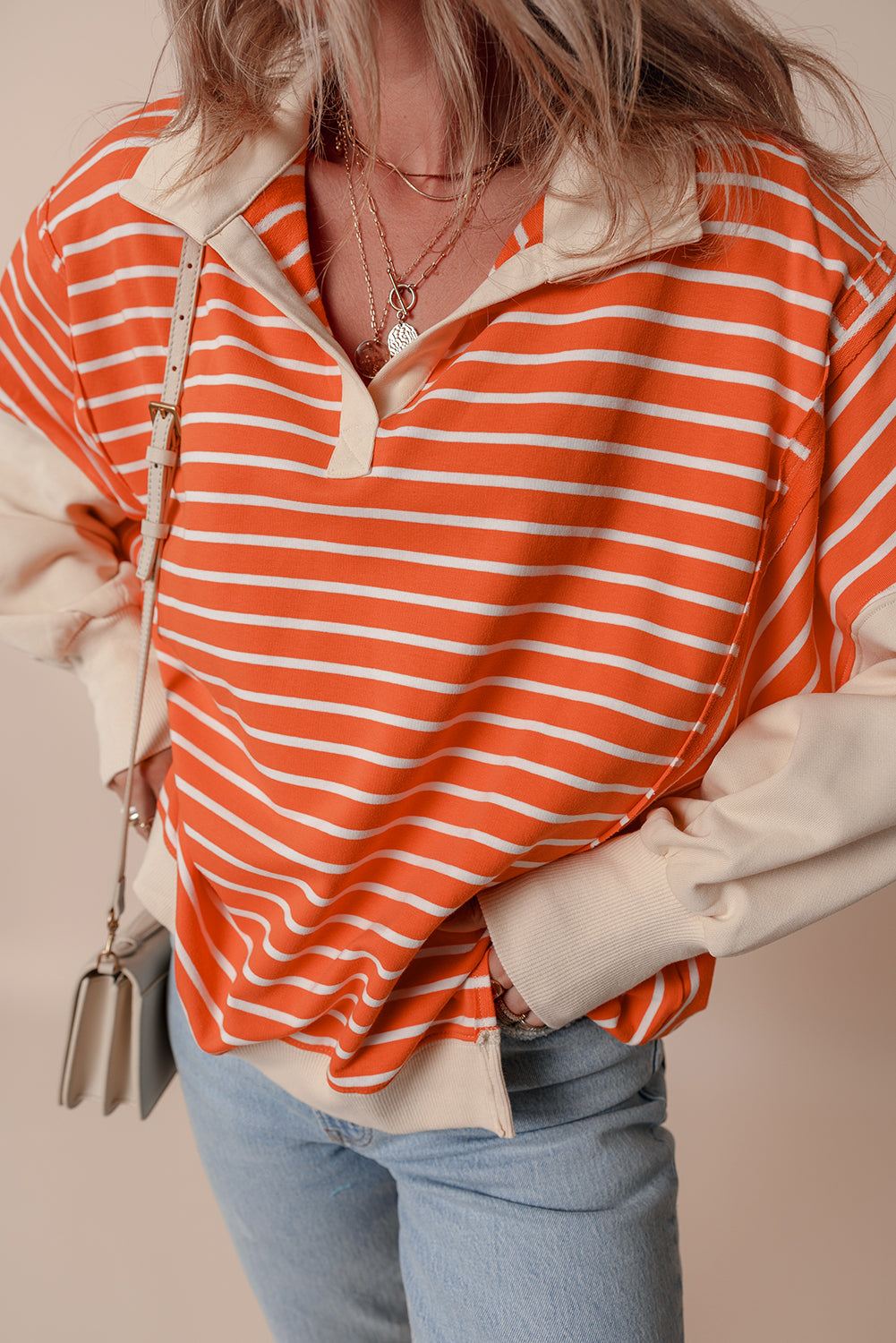 Orange Stripe Color Block Loose Fit Collared Drop Shoulder Sweatshirt Dear-Lover Dropshipping