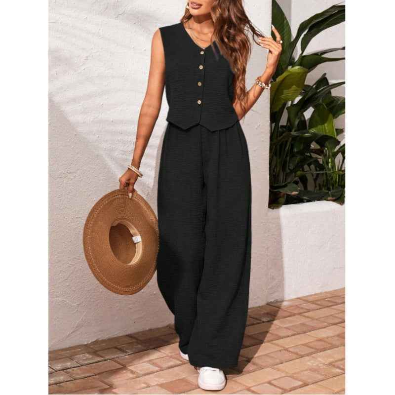 Linen Leisure Commute Front Button Vest And Trousers