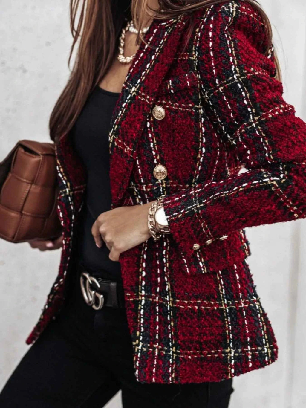 Full Size Plaid Tweed Double-Breasted Blazer Plus Size