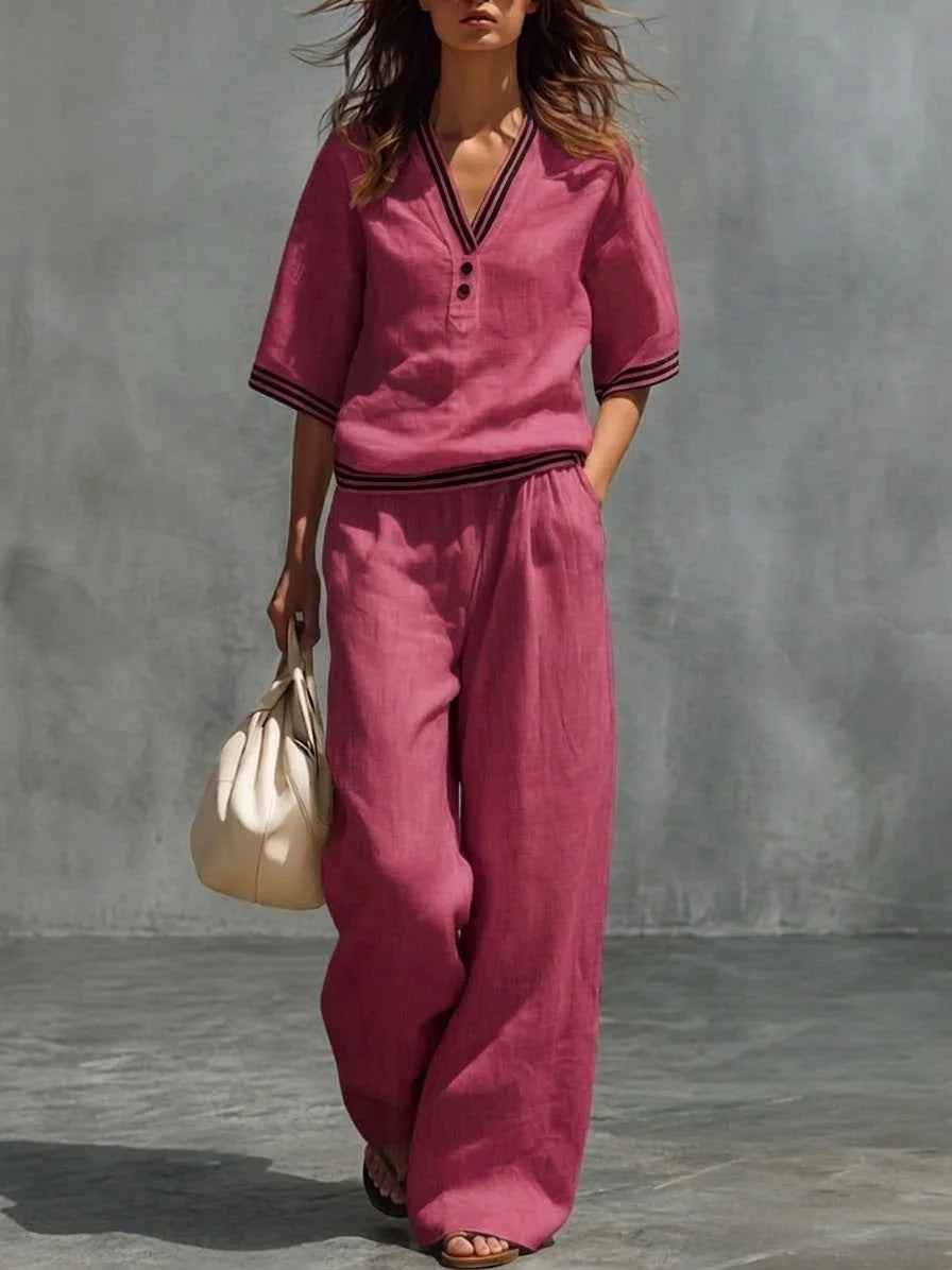 Cotton-Linen V-Neck Casual Comfortable Short-Sleeve Shirt And Pants Set