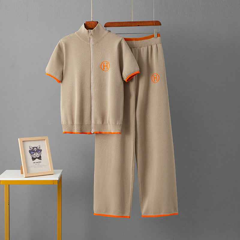 Zipper short sleeved top+sports wide leg pants two-piece set for women