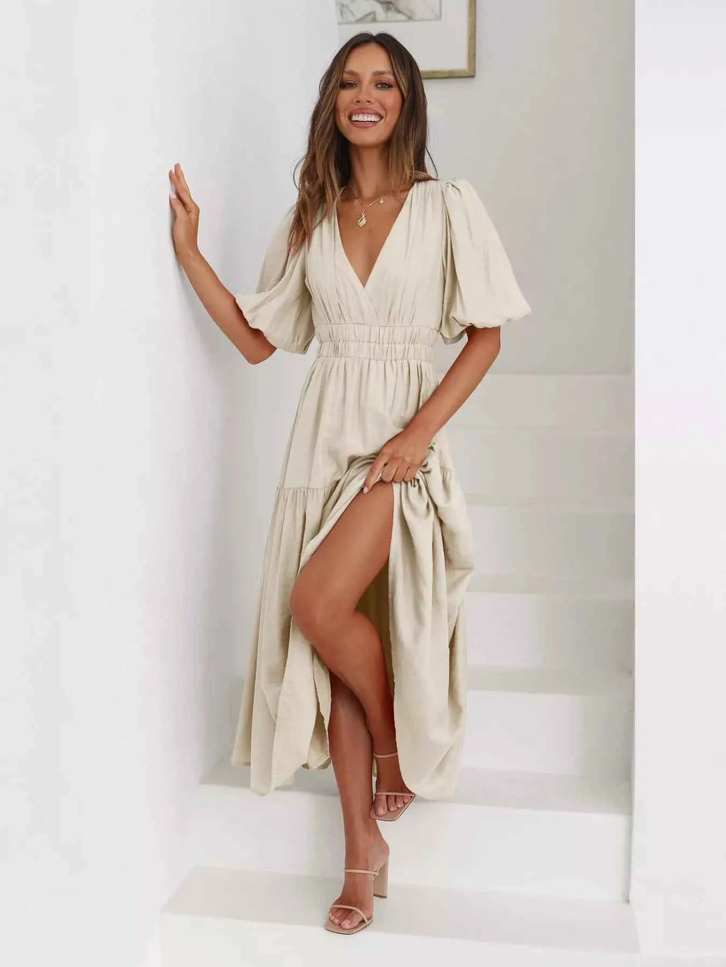 Tiered Puff Sleeve Midi Dress