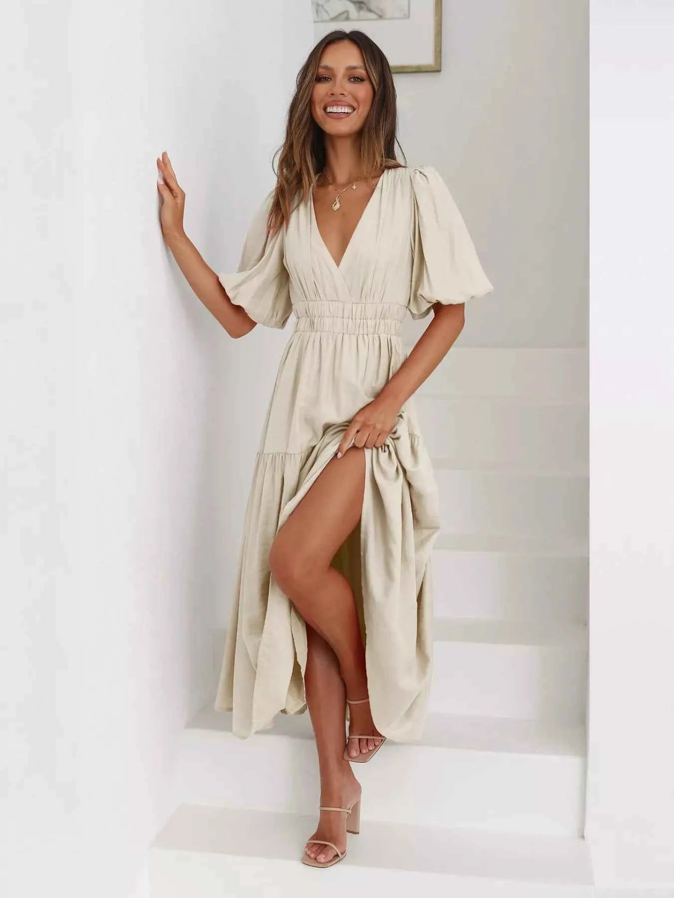 Tiered Puff Sleeve Midi Dress