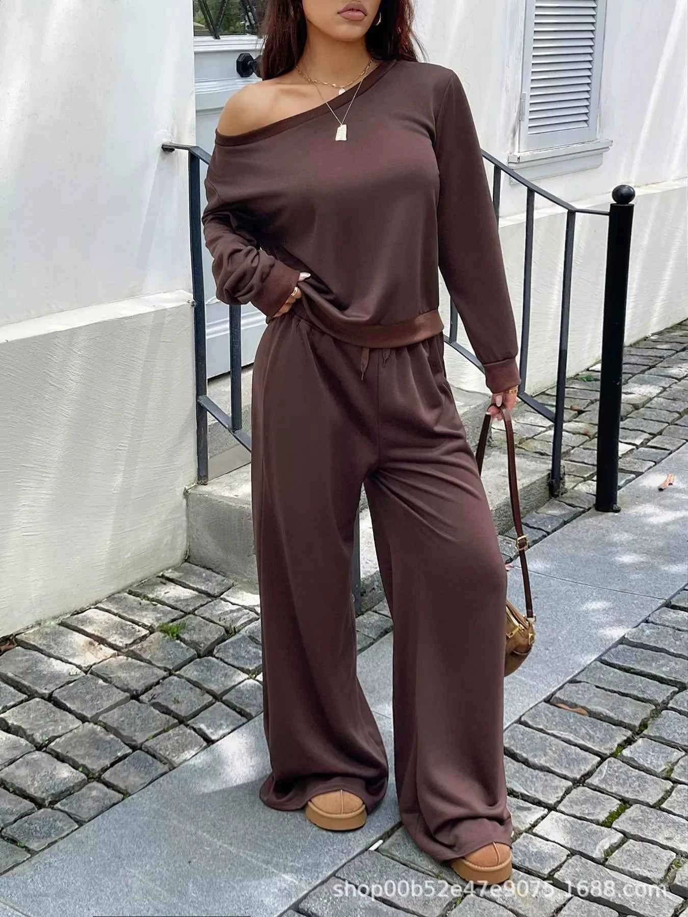 Boat Neck Long Sleeve Top and Pants Set