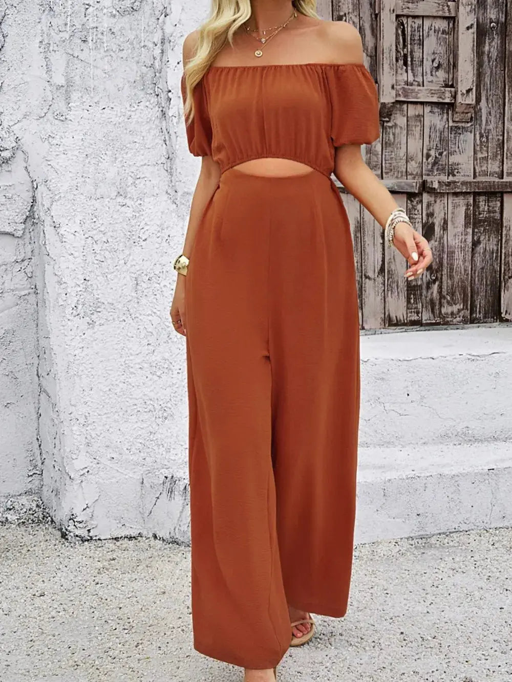 Devine Cutout Off Shoulder Wide Leg Jumpsuit.