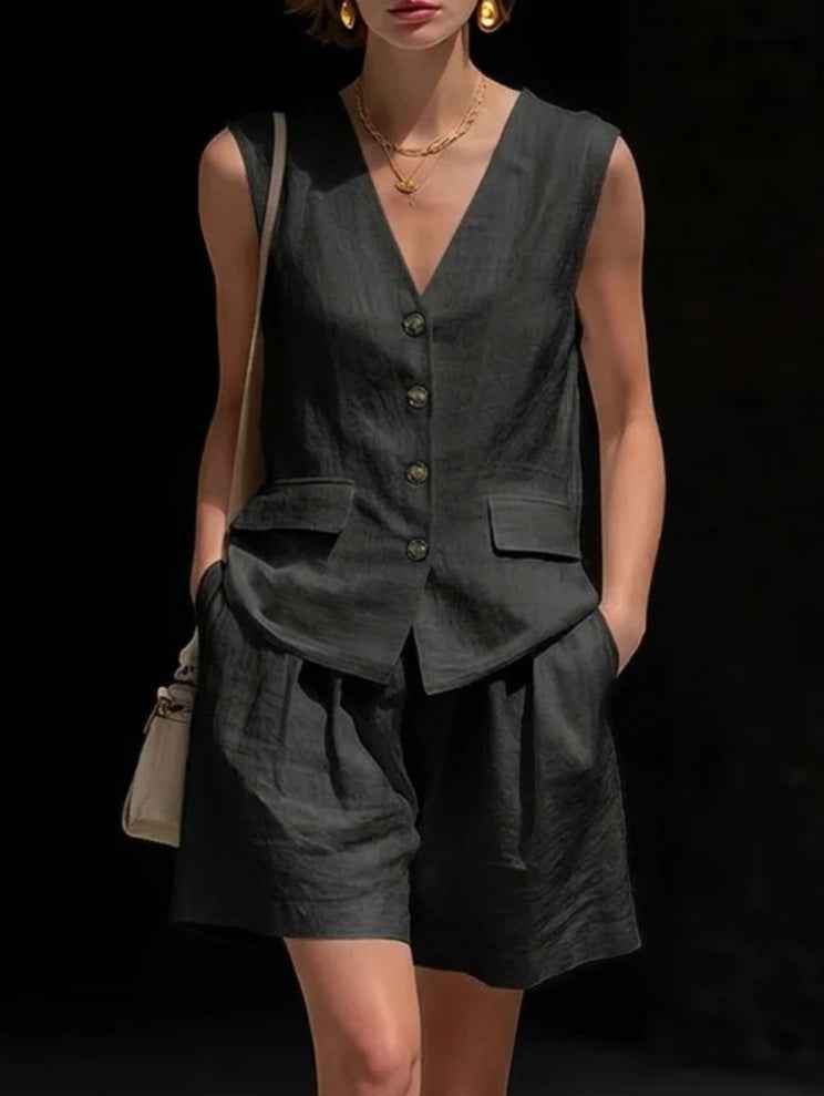 Womens Simple Elegant Cotton-Linen Vest Top And Shorts Two-Piece Set