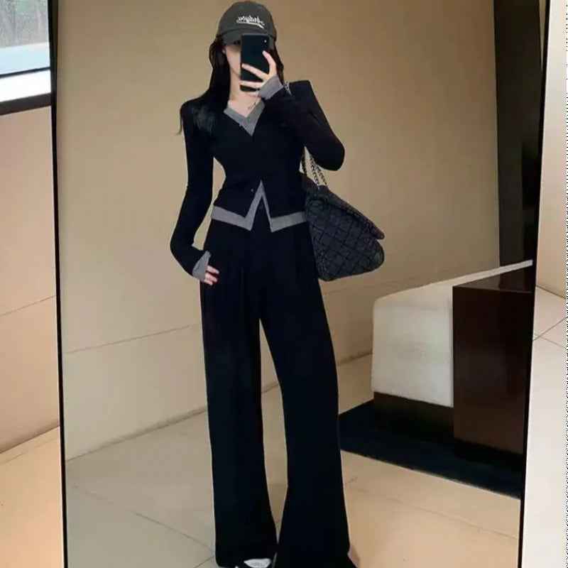 Two-Piece Set with Illusion Two-Piece Design Slimming Top + High-Waisted Slimming Wide-Leg Pants