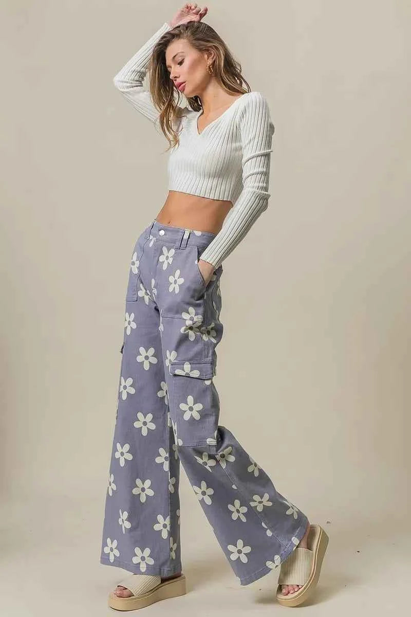 BiBi Flower Printed Side Pocket Wide Pants