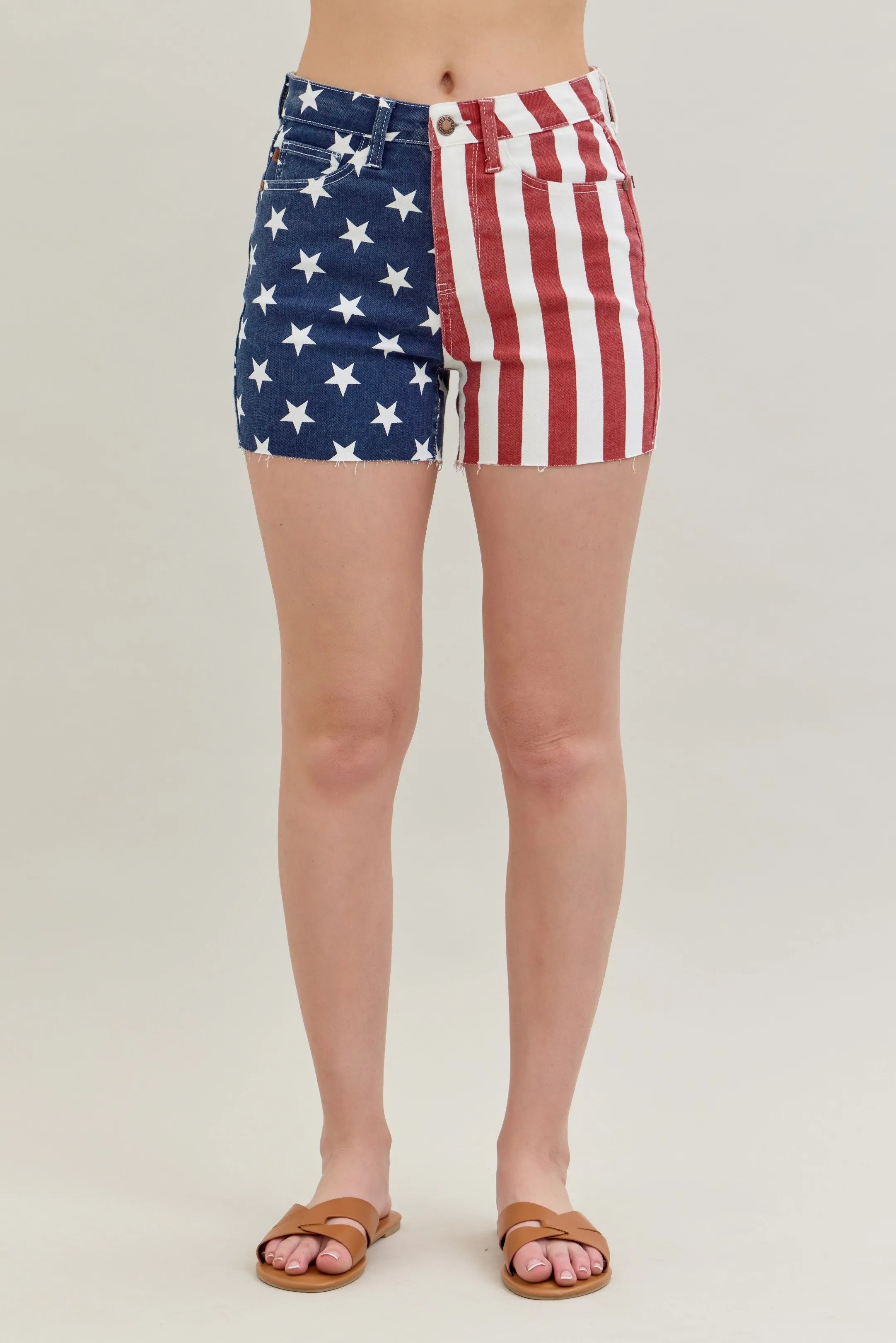 July 4th Blue Full Size High Waist Americana Flag Fray Hem Shorts Plus Size.