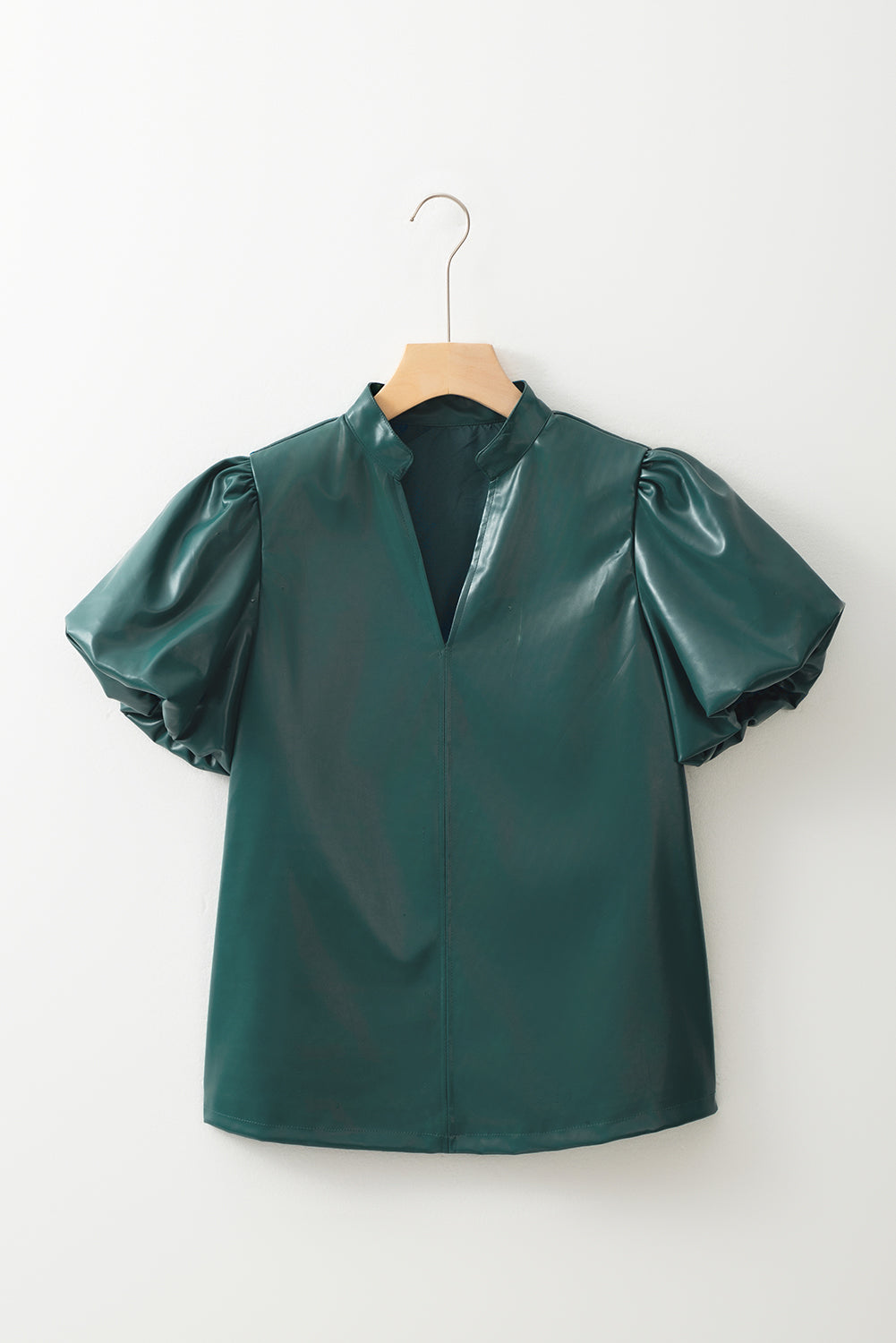 Sea Green Notched V Neck Short Puff Sleeve PU Leather Blouse Dear-Lover Dropshipping