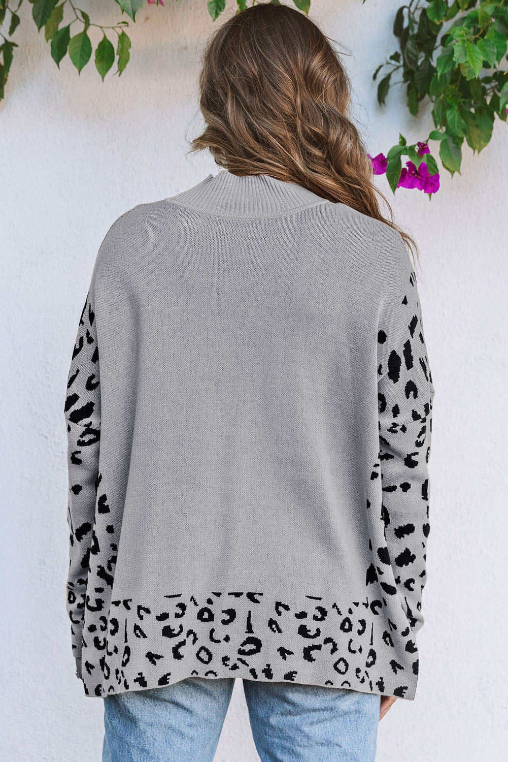 Gray Leopard High Neck Side Slit Oversized Sweater Dear-Lover Dropshipping