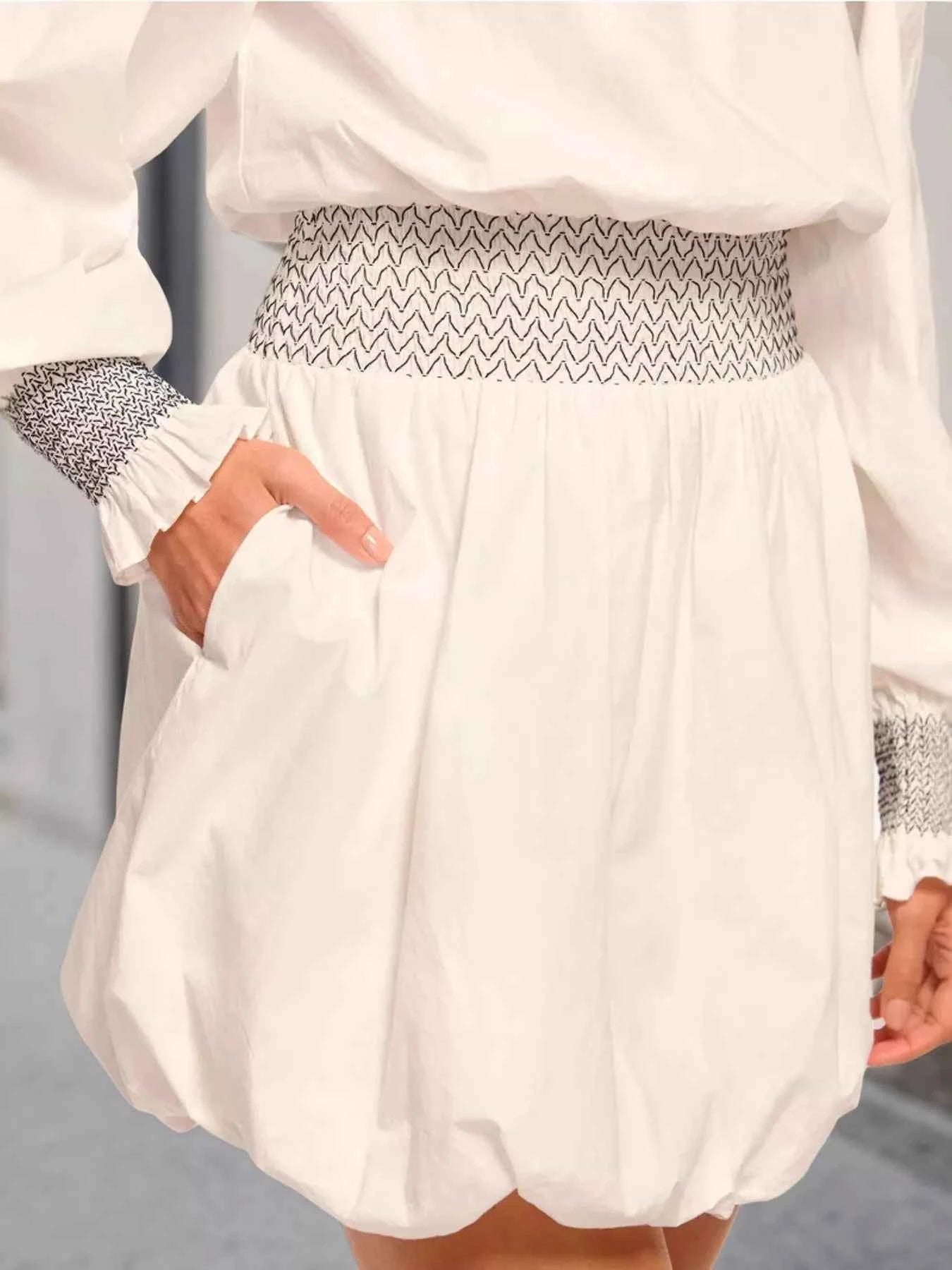 Off-Shoulder Bubble Hem Mini Dress.