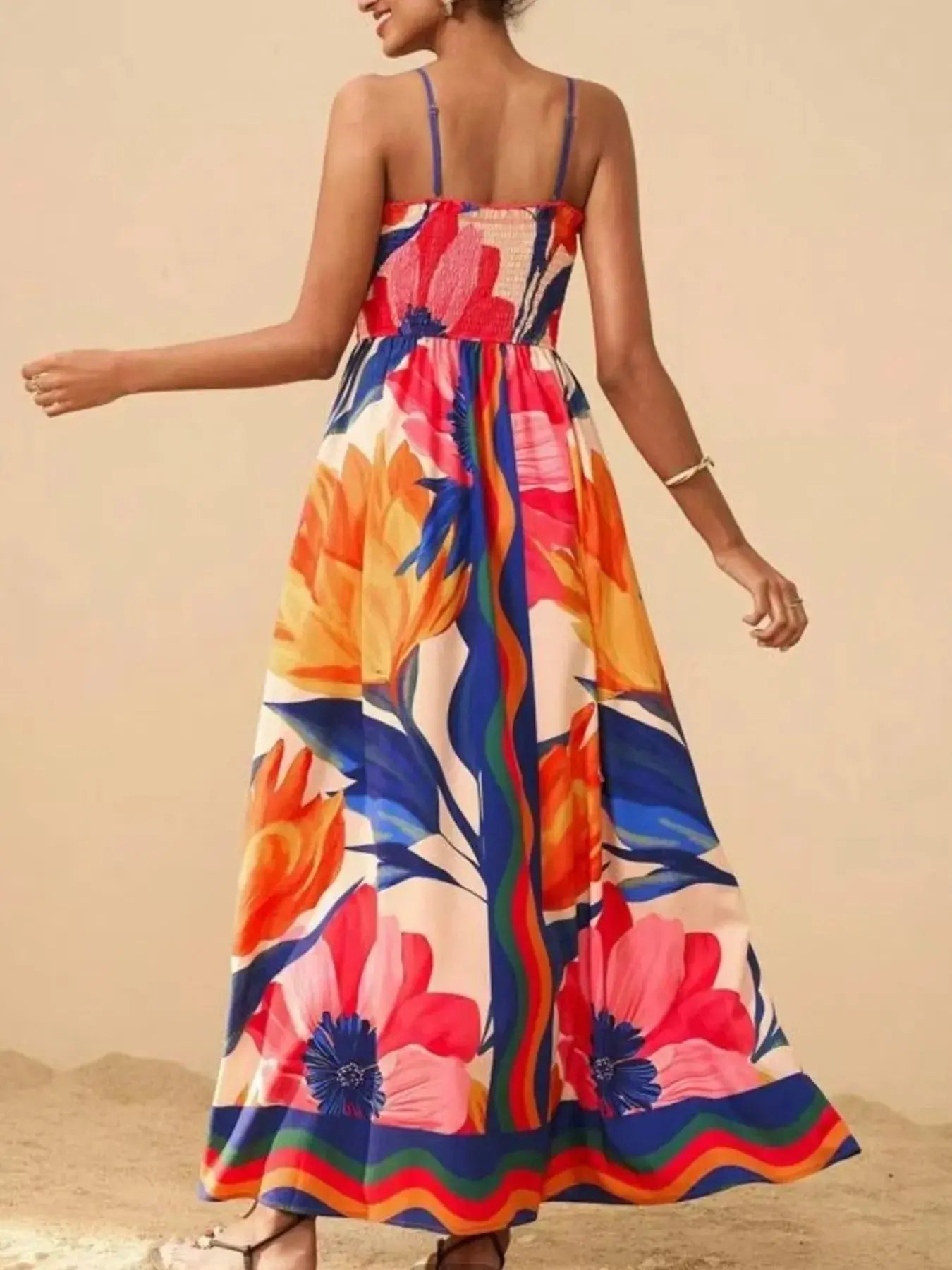Smocked Printed Spaghetti Strap Maxi Summer Dress.