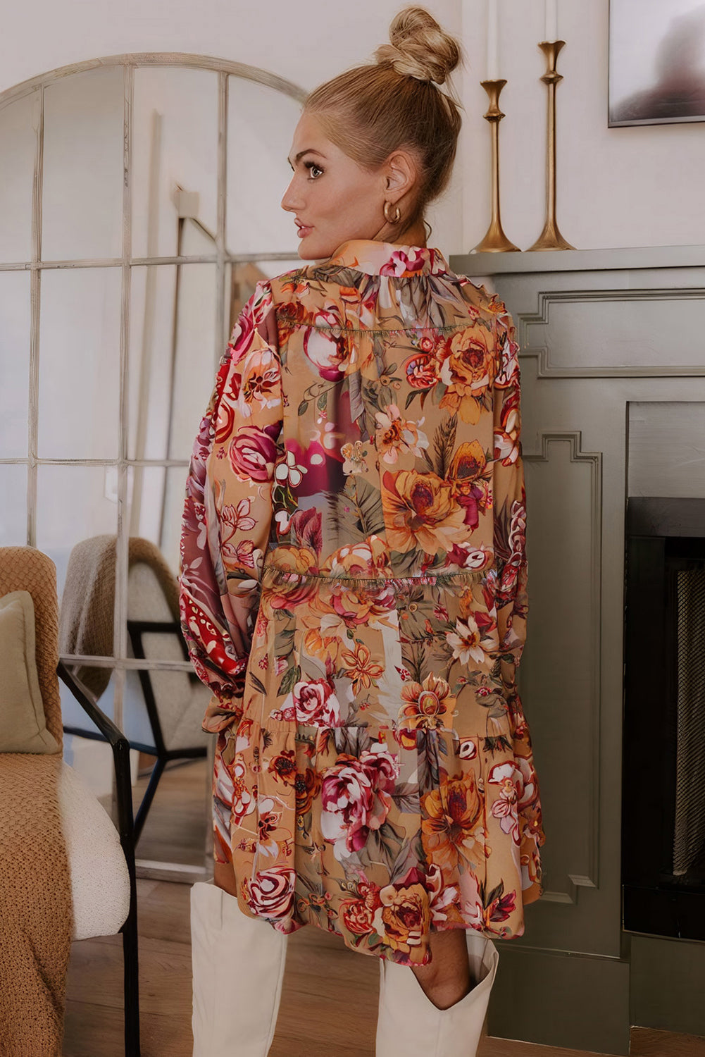 Brown Vintage Floral Print Shirt Style Half Button Long Sleeve Ruffle Mini Dress Dear-Lover Dropshipping