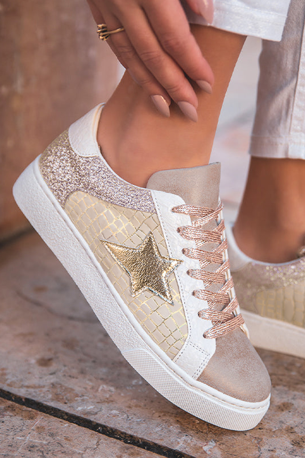 Gold Glitter Star Patchwork PU Leather Lace-up Sneakers Dear-Lover Dropshipping
