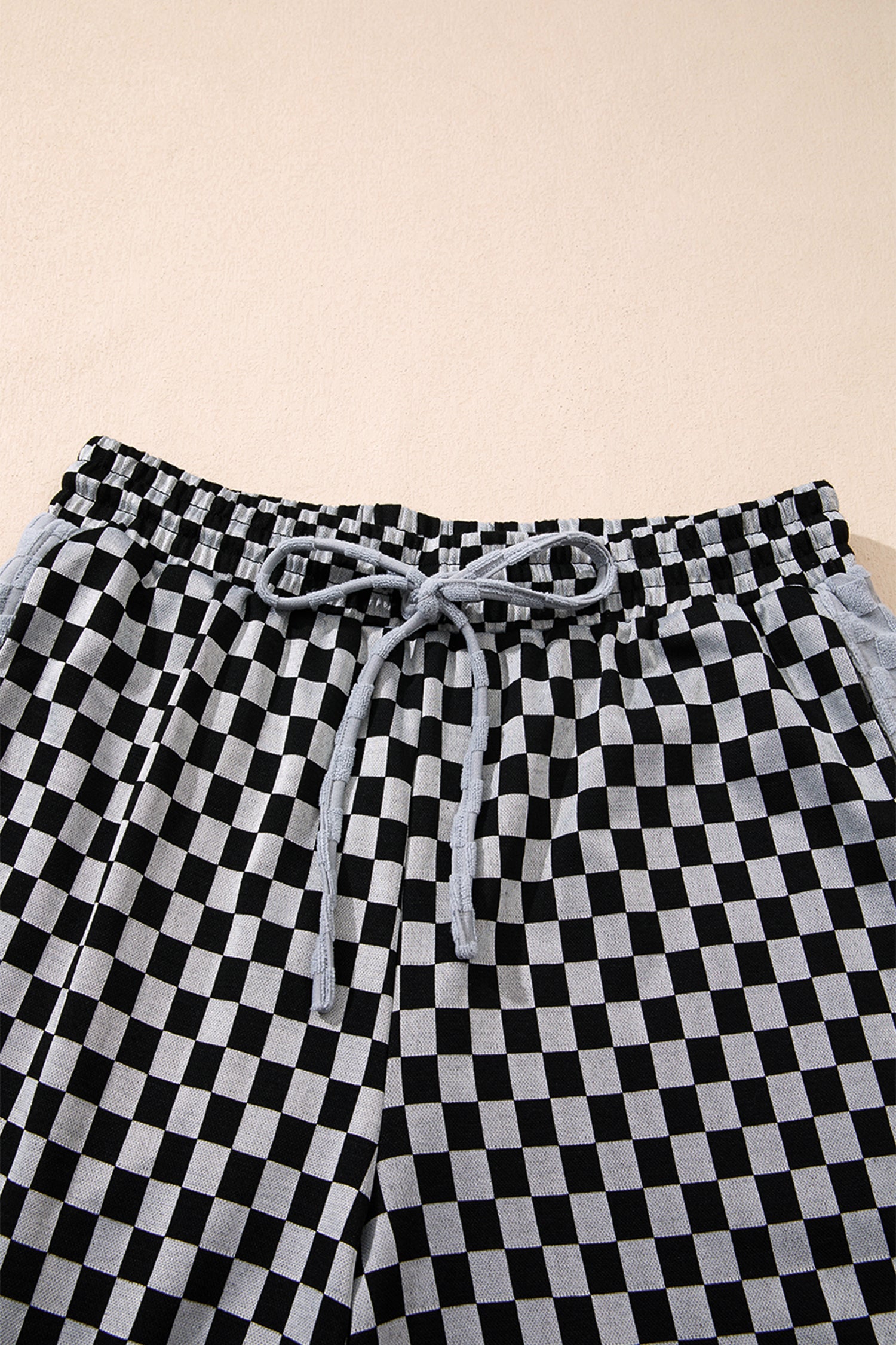 White Checkerboard Drawstring Waist Casual Pants