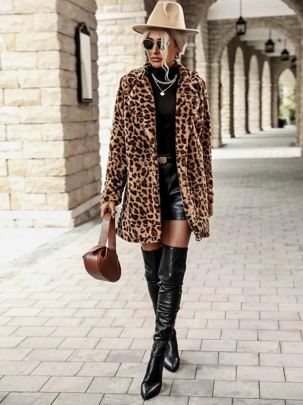 Leopard Print Faux Fur Longline Coat
