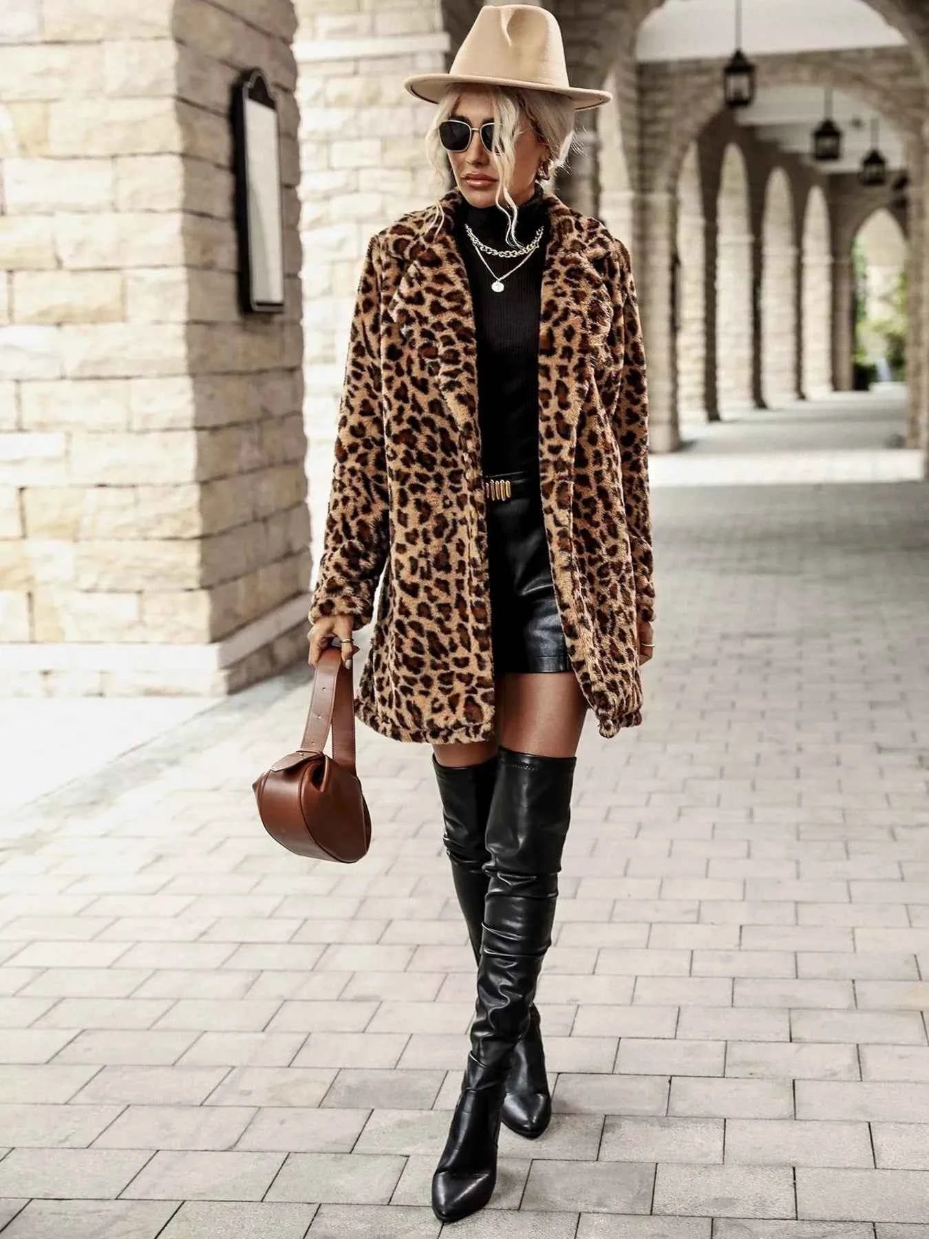 Leopard Print Faux Fur Longline Coat