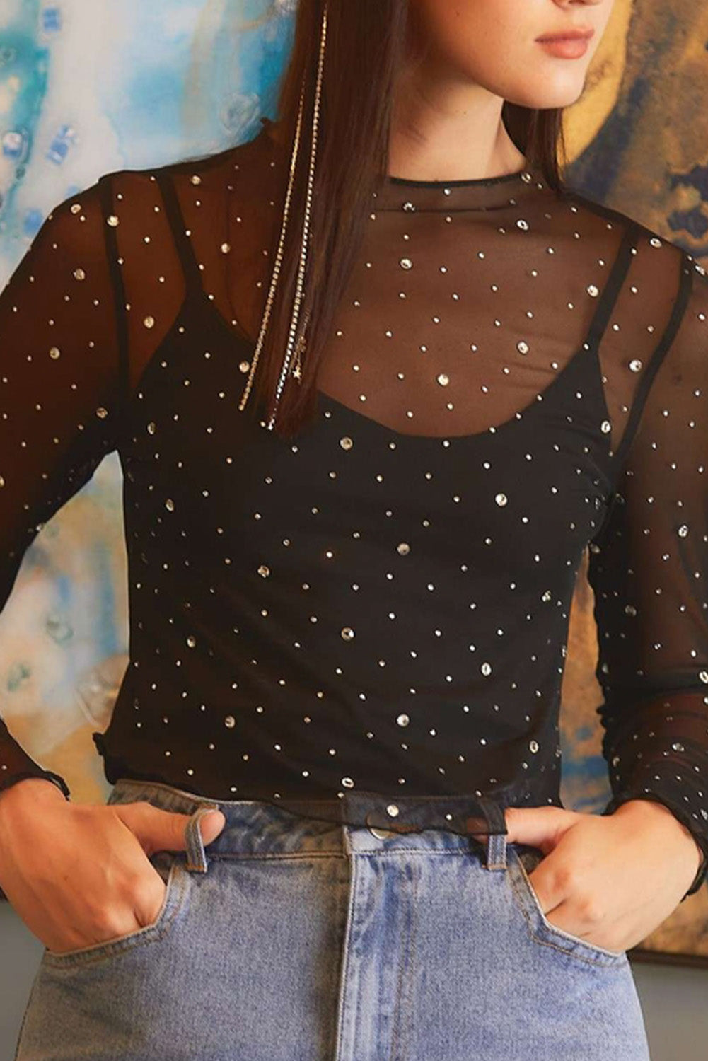Black Rhinestone Sheer Mesh Slim Fit Long Sleeve Top Dear-Lover Dropshipping