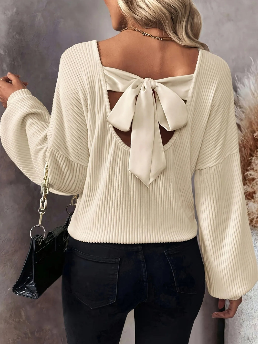 Ribbed Knit Back Bow Tie Blouse.