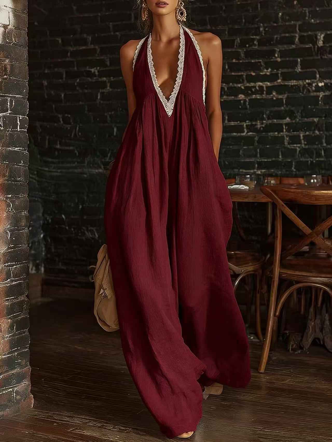 Casual And Comfortable Lace-trimmed Loose Linen Jumpsuit
