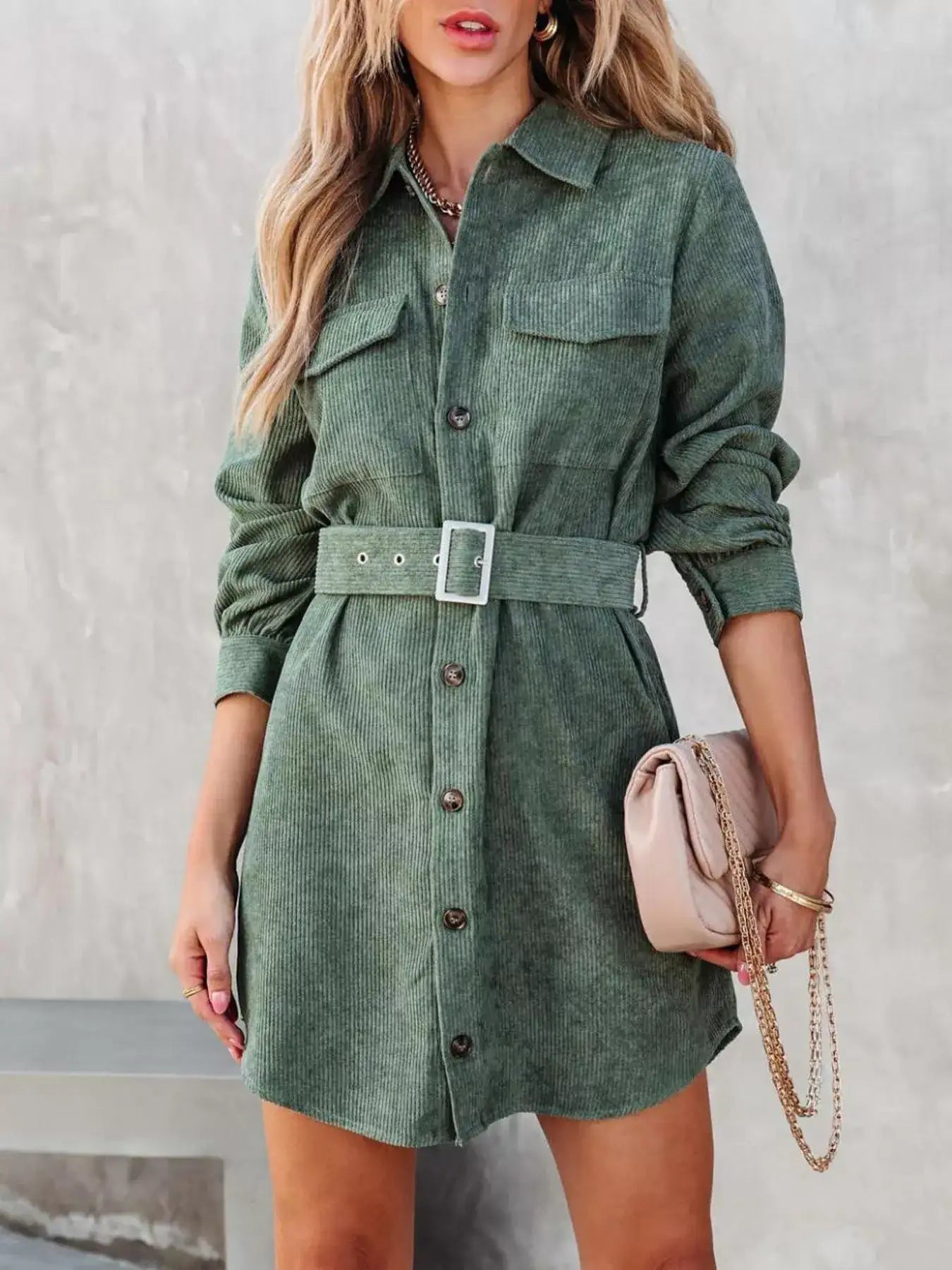 Button Front Belt Long Sleeve Corduroy Dress.