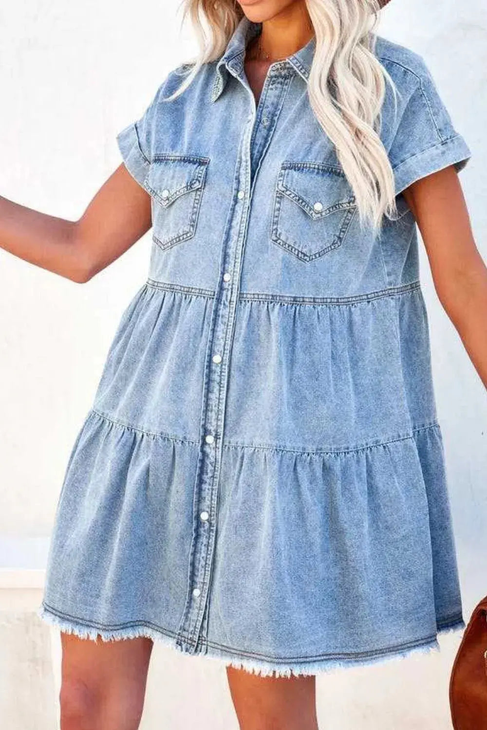 Front Button Down Denim Mini Dress.