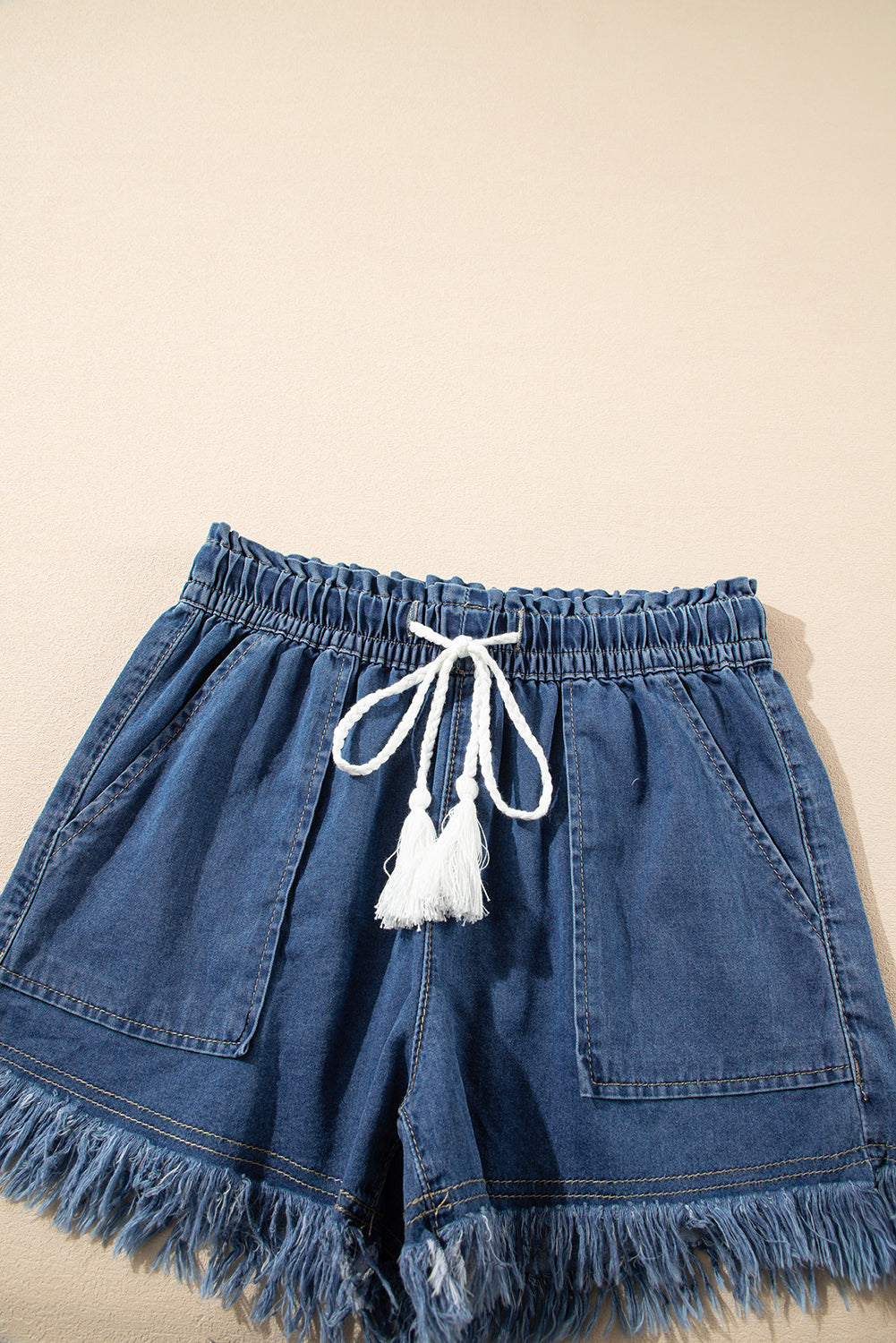 Ashleigh Blue Raw Hem Drawstring Elastic Waistband Denim Shorts with Pockets Dear-Lover Dropshipping