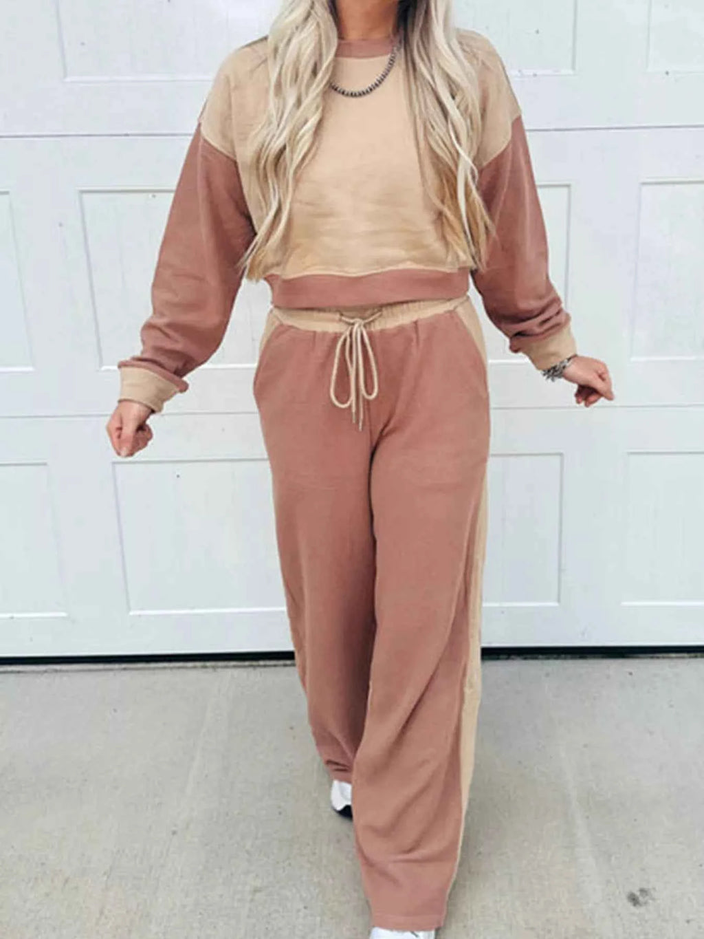 Color Block Long Sleeve Crop Top Drawstring Pant Set