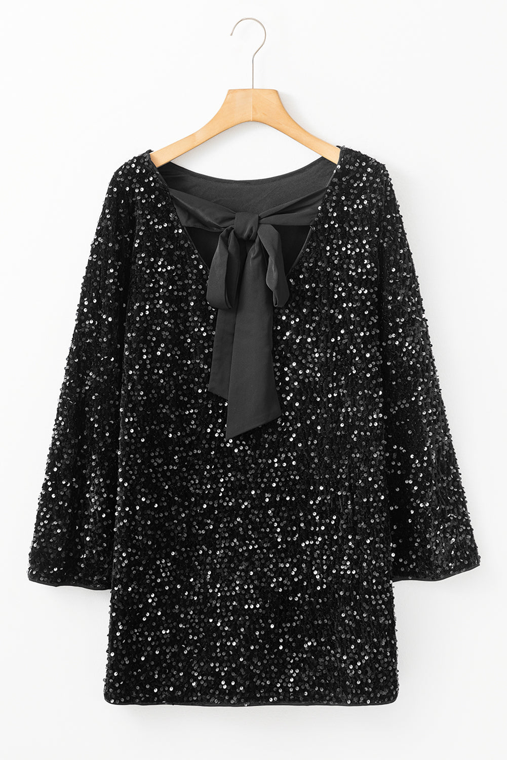 Black Sequin Long Sleeve Knot Cutout Back Mini Dress Dear-Lover Dropshipping