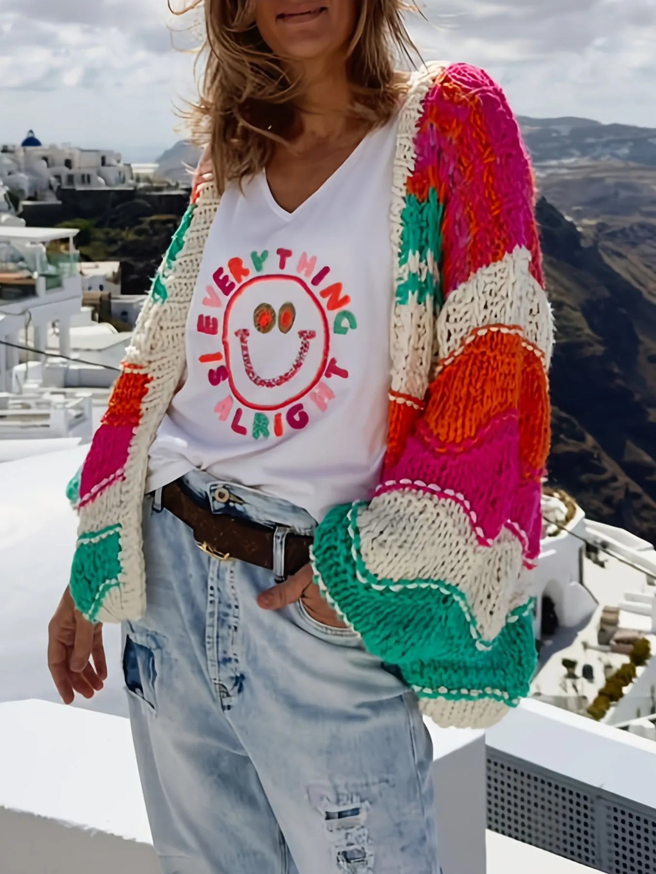 Color Block Open Front Cardigan.