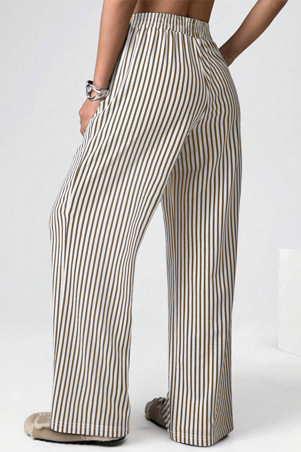Brown Stripe Elastic High Waist Pocketed Loose Pants Dear-Lover Dropshipping