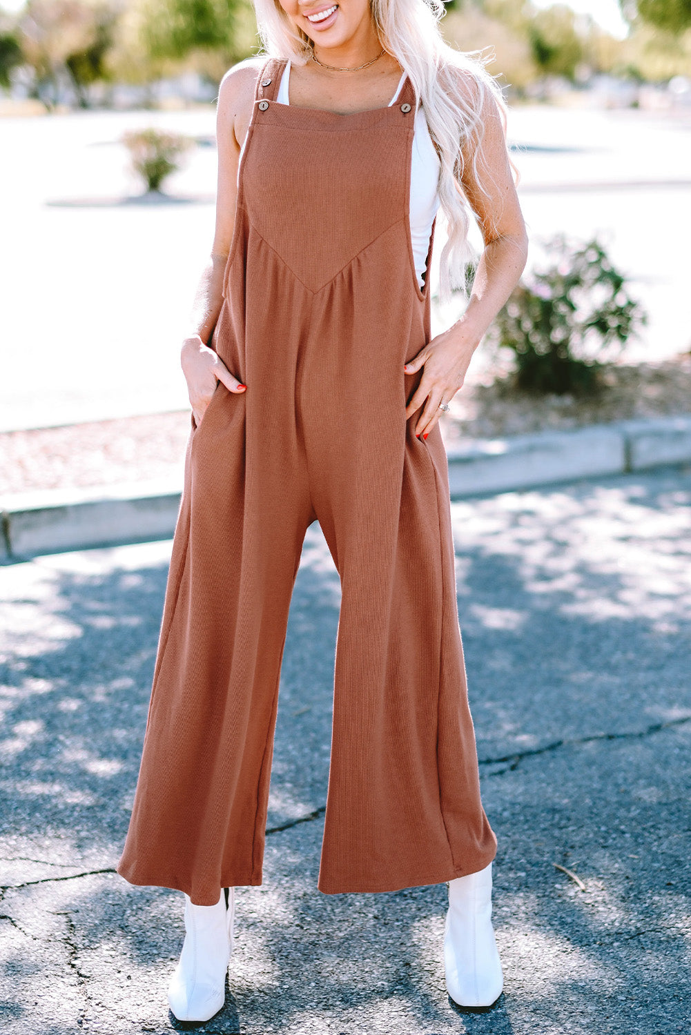 Gold Flame Textured Buttoned Straps Ruched Wide Leg Jumpsuit Dear-Lover Dropshipping